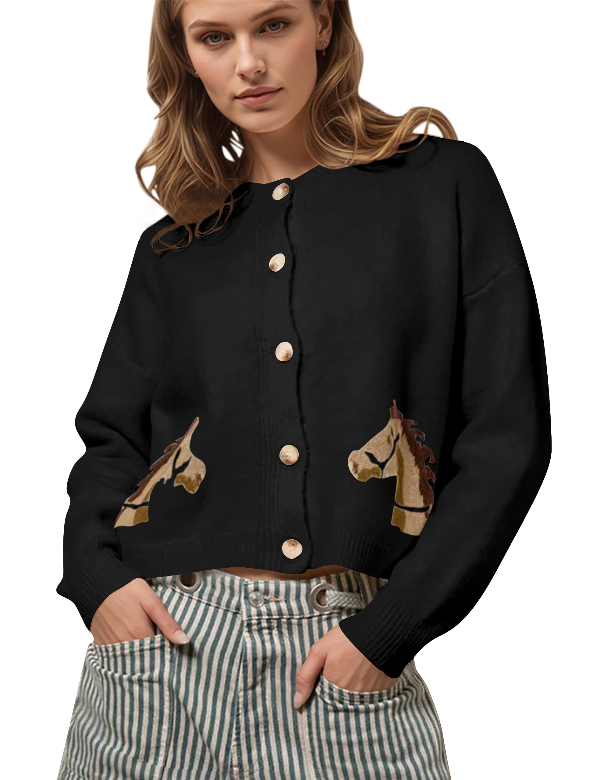 Womens Cropped Horse Cardigan Button Down Crewneck Long Sleeve Graphic Printed Knitted Sweater Trendy Casual