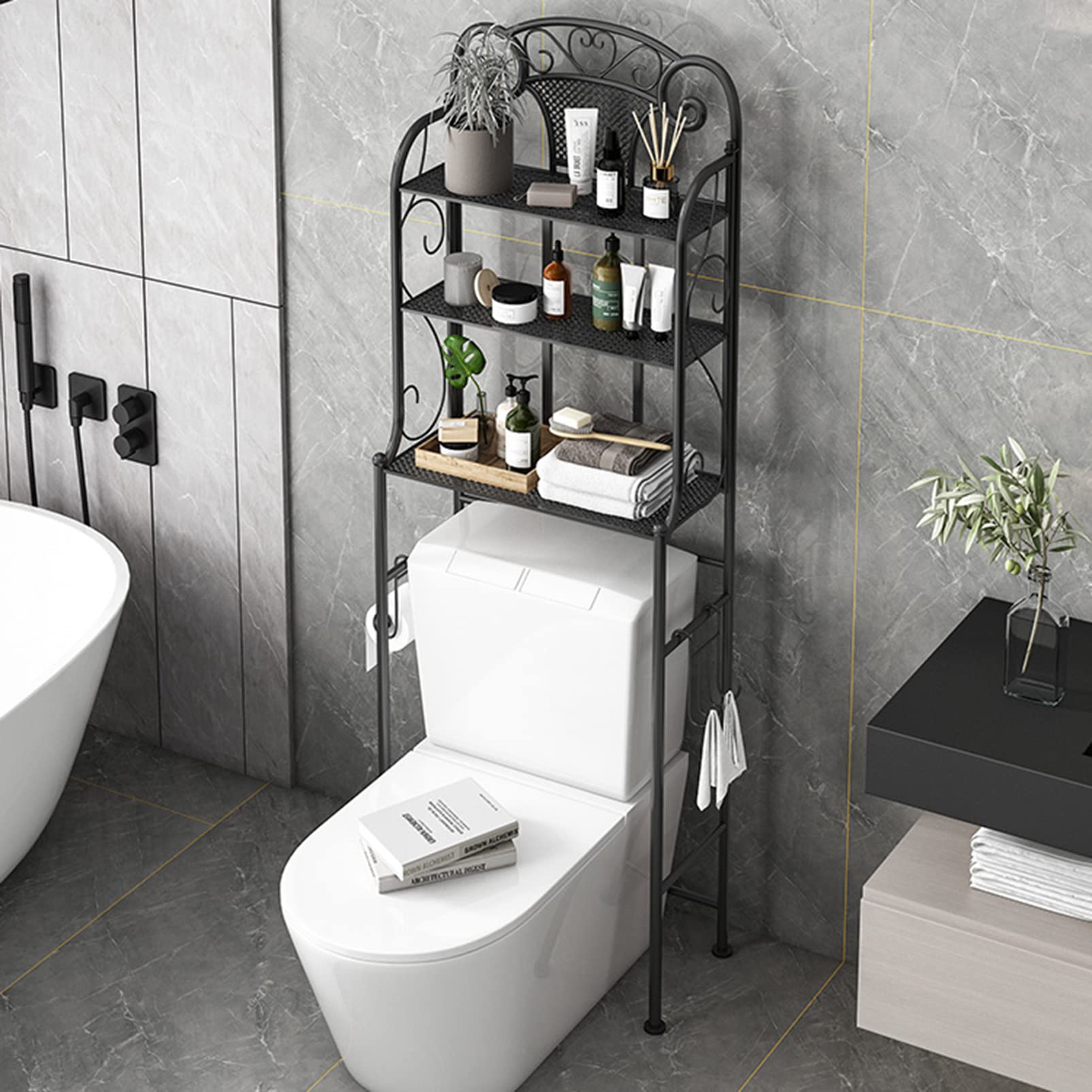 Aufbewahrungsregal über der Toilette, Multifunktionaler Badezimmer-Organizer Freistehender Toilettenständer, Metallregal mit Haken und Toilettenpapierregal