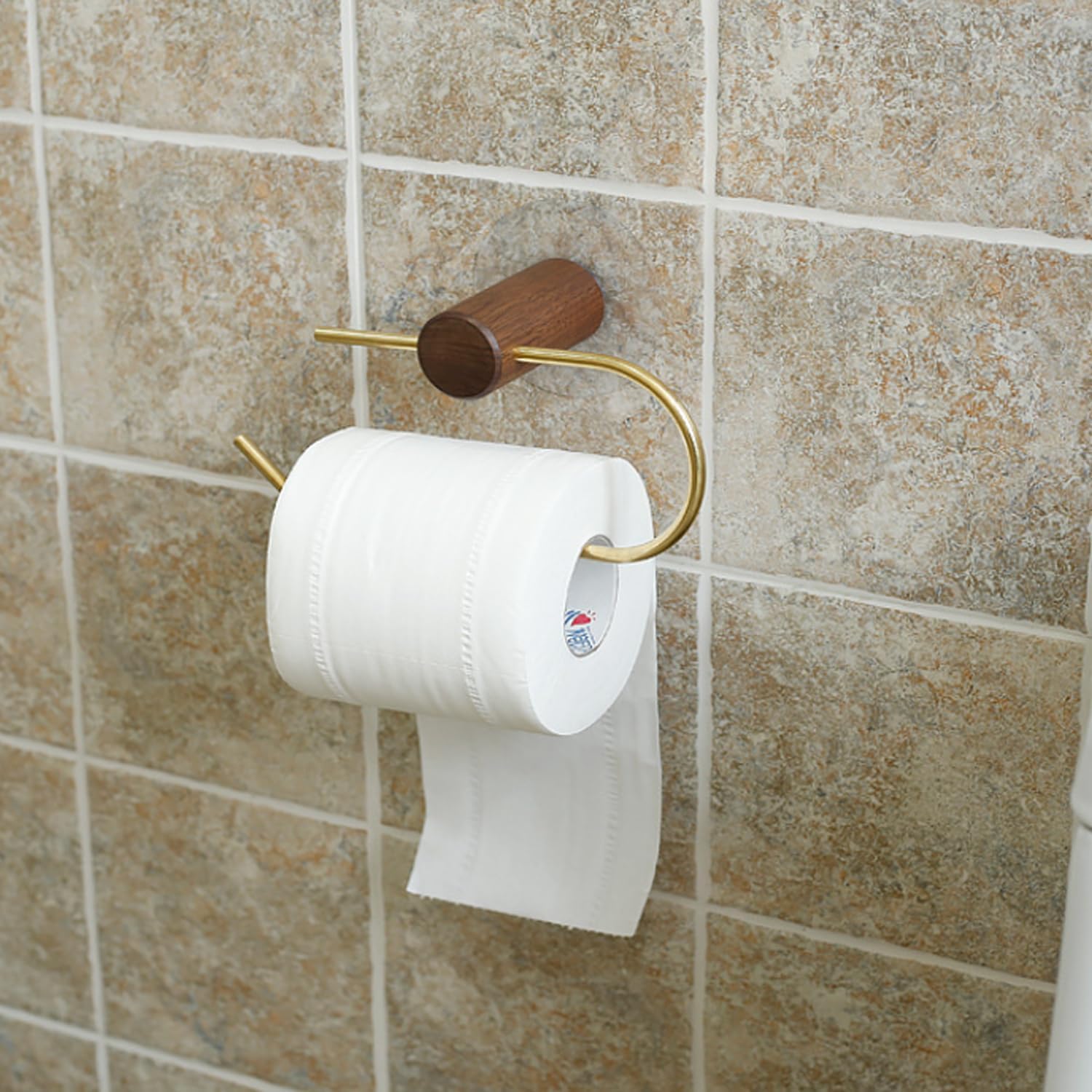 Brass Toilet Paper Roll Holder with Solid Wood Wall Mounted Toilet Paper Holder Anti-Drop Design Tissue Roll Holder for Bathroom and Kitchen (Black Walnut)