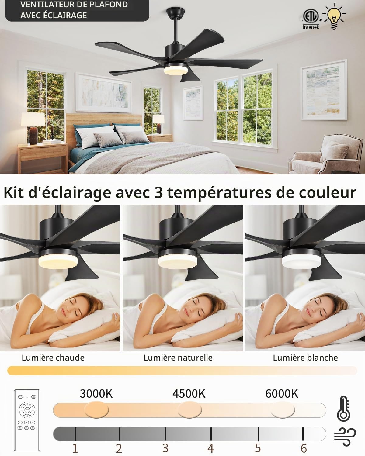 132cm Ventilateur Plafond Avec Lumière Et Télécommande 5 Pales Bois Noir