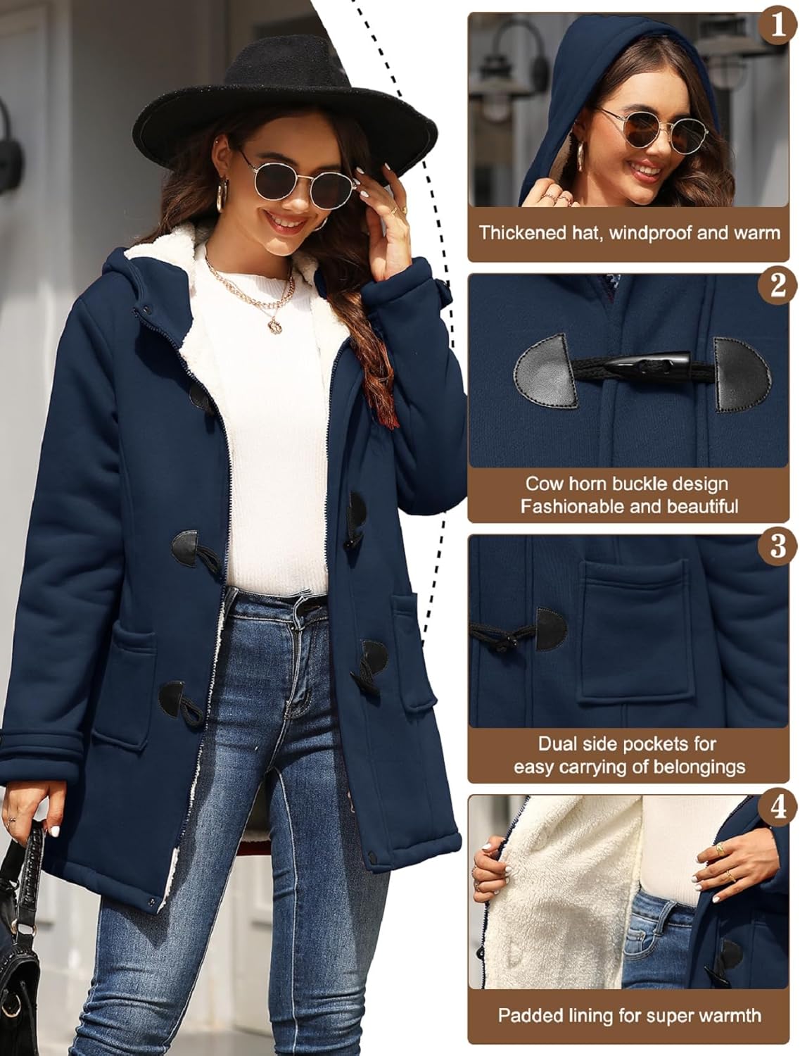 HEEKPEK Womens Sherpa Lined Coats Winter Warm Fashion Horn Button Fleece Thicken Hooded Casual Jackets Long Sleeve Outerwear - Image 4