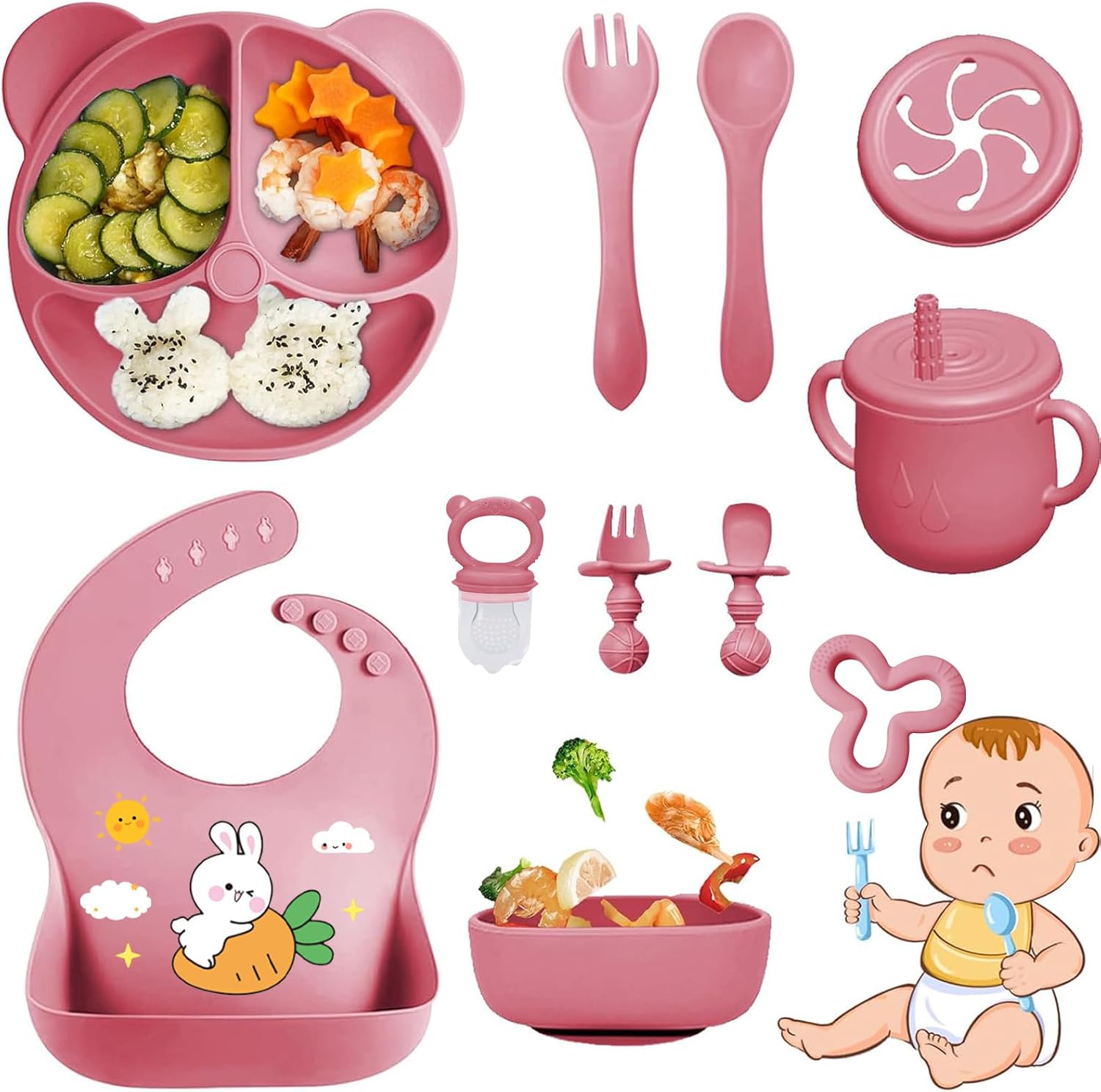 Vajilla Bebe Silicona, 11 Piezas Vajilla de Silicona para Bebés Antideslizante, Con Plato Cuenco Babero Taza, Cubiertos Bebe para comer destete, Sin BPA (Rosa oscuro)