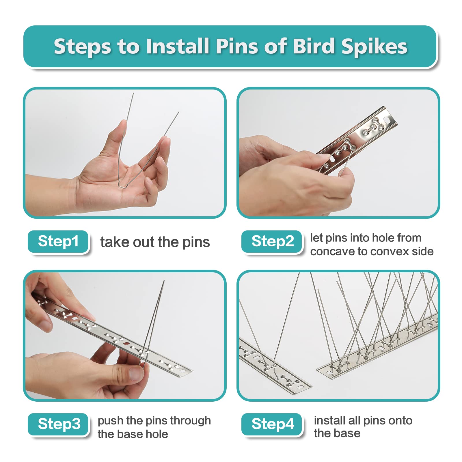 KKY Base de acero inoxidable con puntas de pájaro, kit de valla de uñas repelente de pájaros, se puede utilizar para detener palomas y otros pájaros pequeños, cubriendo 60 paquetes (sin pines)