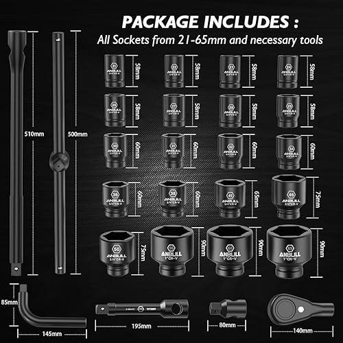 Miniatura 9 de Anbull Juego de dados de impacto jumbo de 34 pulgadas, surtido de 21 piezas de enchufes poco profundos, tamaños SAE estándar de 6 puntos (34