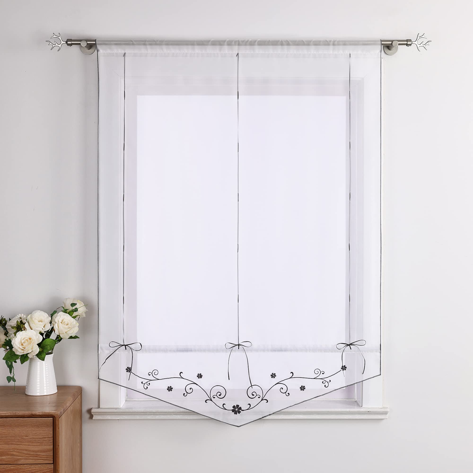 Yujiao Mao Voile Raffrollo Küche Gardine Mit Stickerei Bändchenrollo Mit Tunnelzug Transparent Raffgardine Weiß Grau BxH 120x140cm 1 Stück
