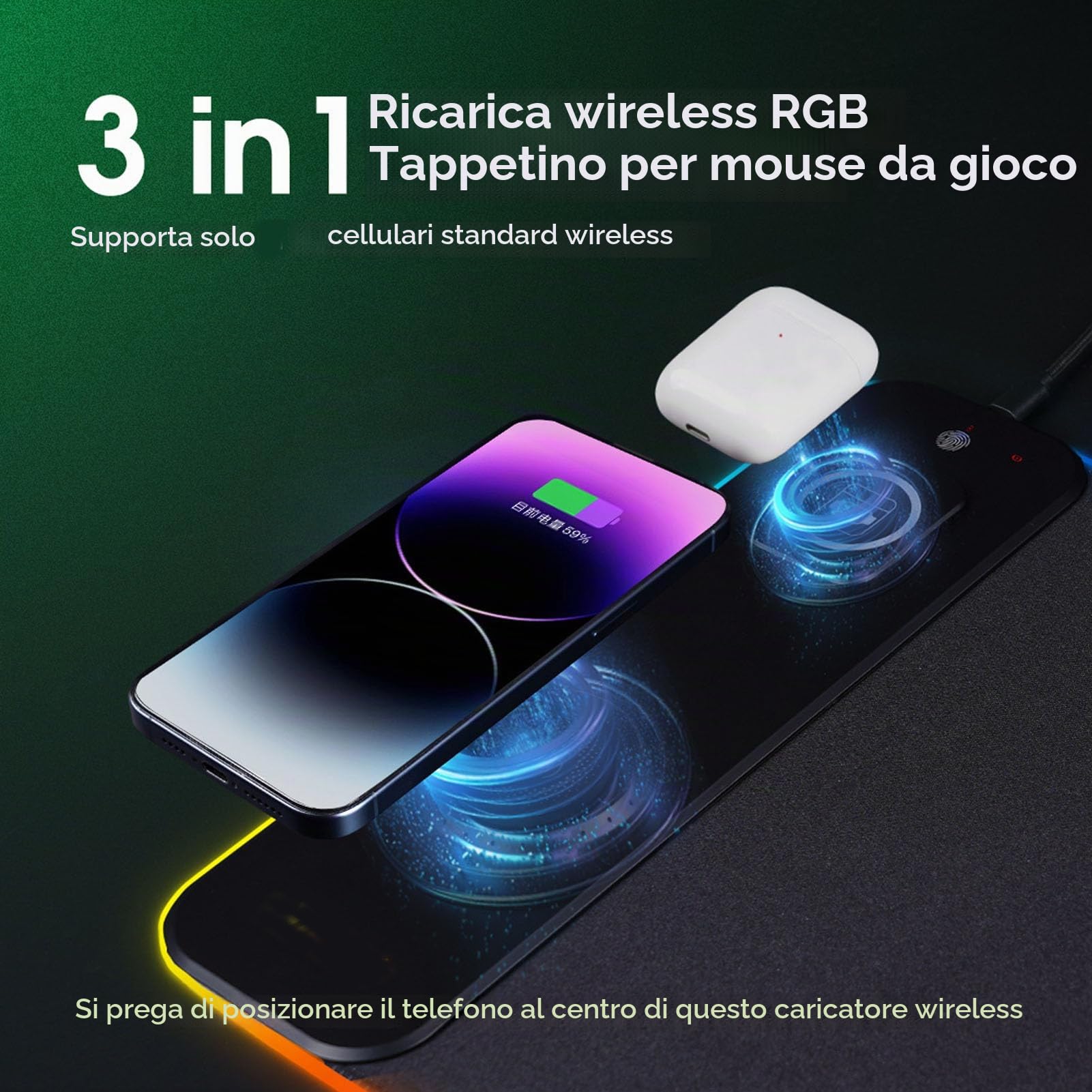 Tappetino Mouse Gaming RGB, Ricarica Wireless 15W Qi Veloce, Base in Gomma Antiscivolo, LED, per PC e Laptop