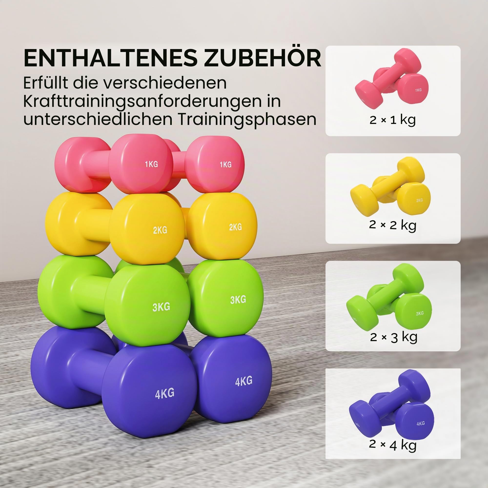 HOMCOM 20 kg Sechskant-Hantel-Set, 8 Stück, 1 kg – 4 kg, mit PU-Beschichtung, für Zuhause, Fitnessstudio, Stahl, mehrfarbig | Gym Kurzhanteln 1 kg - 4 kg PU beschichtet Stahl