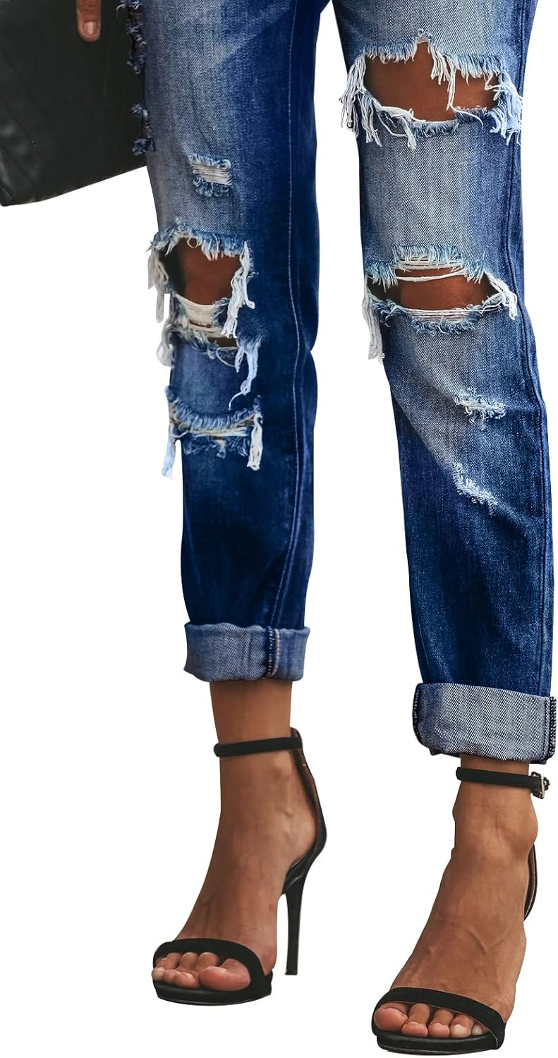 KUNMI Women's Ripped Mid Waisted Boyfriend Jeans Loose Fit Distressed Stretchy Denim Pants - Image 5