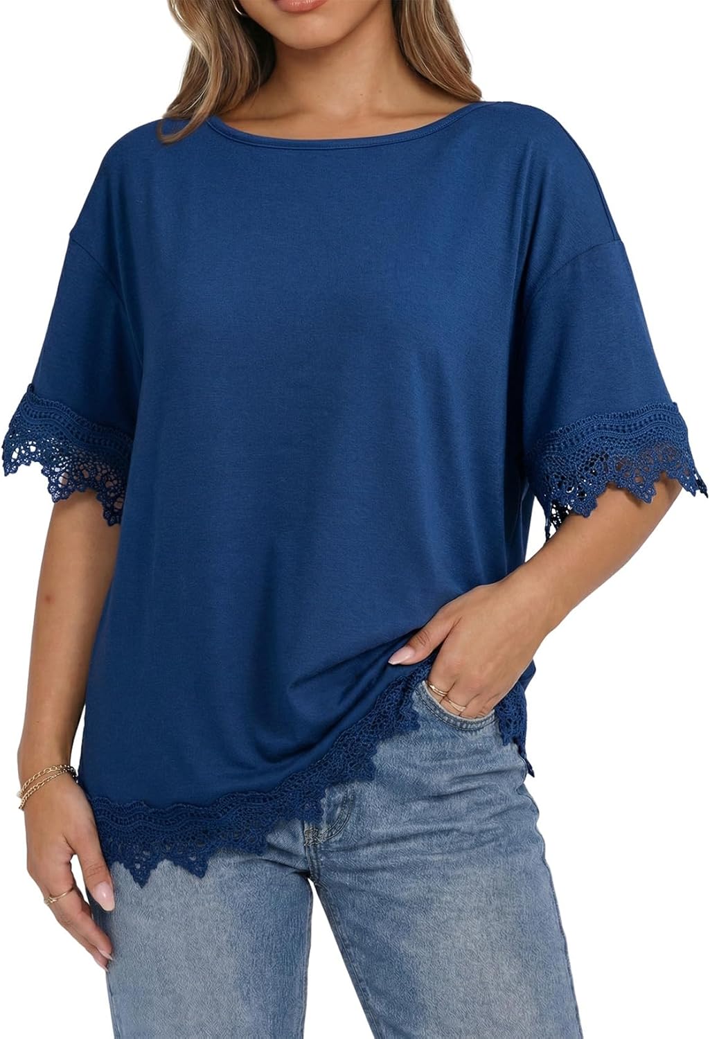 Dokotoo Womens Summer Tops 2026 Oversized Short Sleeve Shirts Casual Loose Lace Patchwork Tshirt Fashion Outfits - Image 4