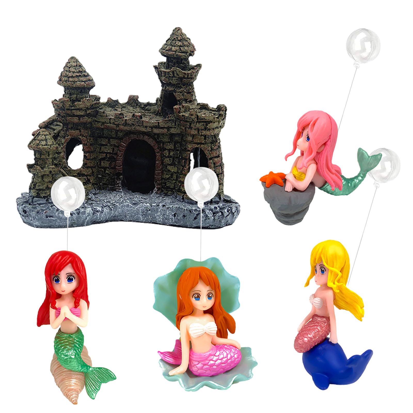 Counius Adorno para Acuario de Cueva Decoración del Acuario Castillo Tanque Peces Paquete de Decoracion Acuarios Pequeños 4 Piezas Decoración de acuarios con Sirenas para Pequeños Camarón Tortuga