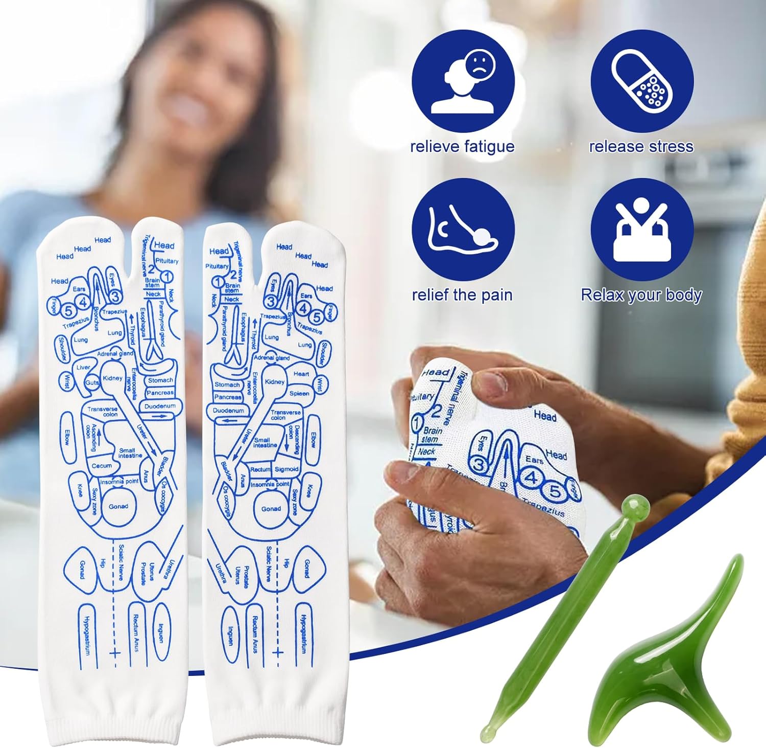 Hands using the green resin massage tool on the reflexology socks, demonstrating how to apply pressure to foot points.