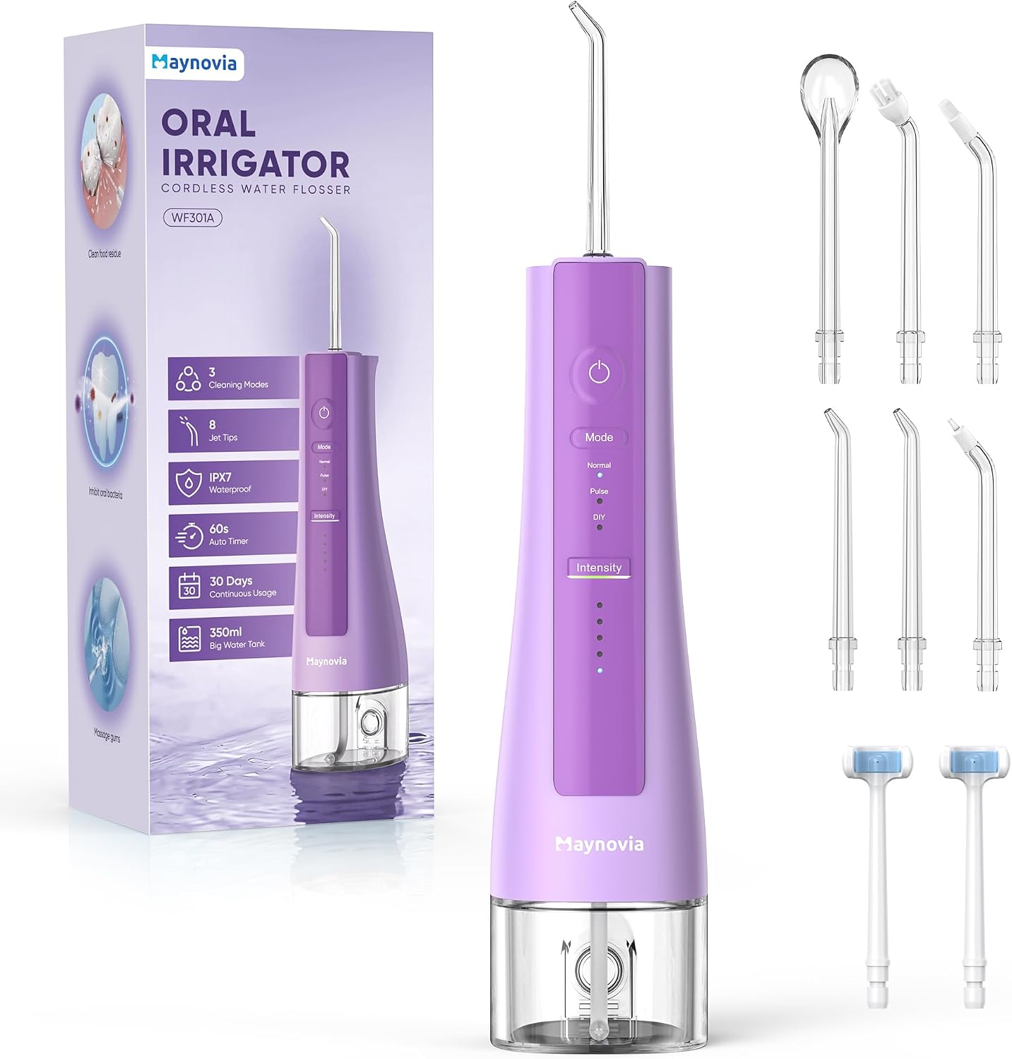 Cordless Water Flosser for Teeth, U-Shaped Tip, 350ml Tank, Purple
