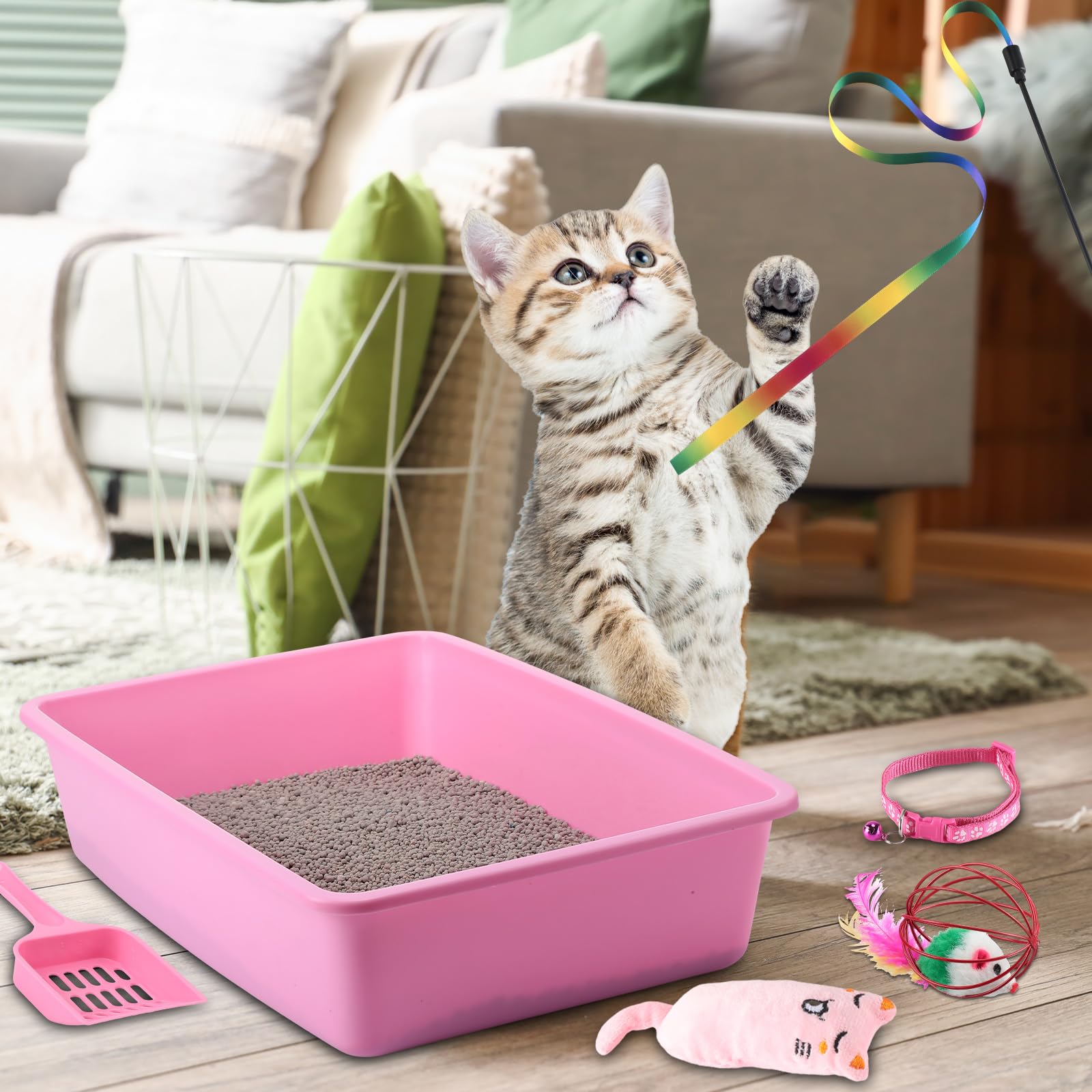 Cat Kitten Starter Kit Cat Litter Box with Shovel Cat Paw Litter Mat Double Automatic Cat Bowls Cat Toy Teaser Stick Cat Collar Cat Essentials Small Cat Litter Box Kits for Beginners(Pink)