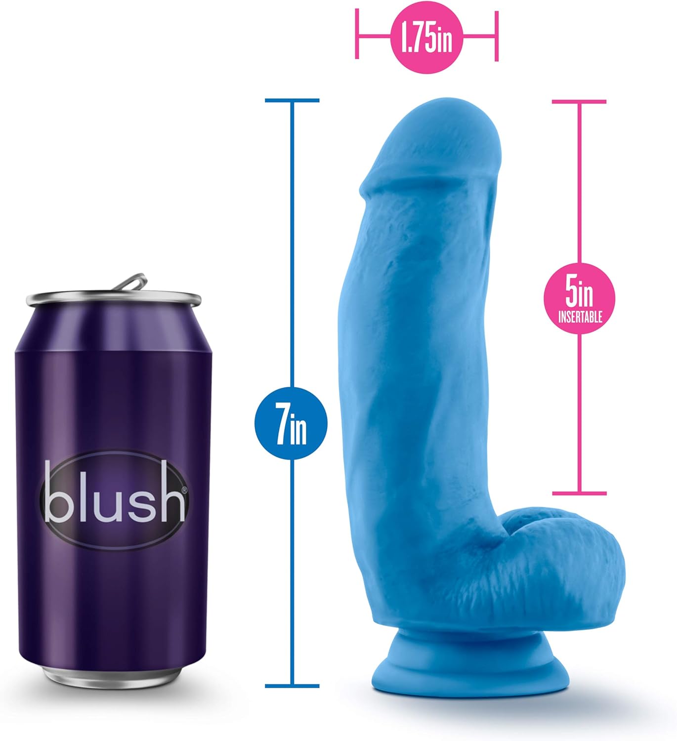 Blush Neo Elite Neon Blue 7" Silicone Dildo w/Balls, Dual Density Realistic Satin Smooth Thick Cock, Suction Cup, Harness Compatible, Body-Safe Vaginal & Pegging Adult Sex Toy for Women, Men, Couples