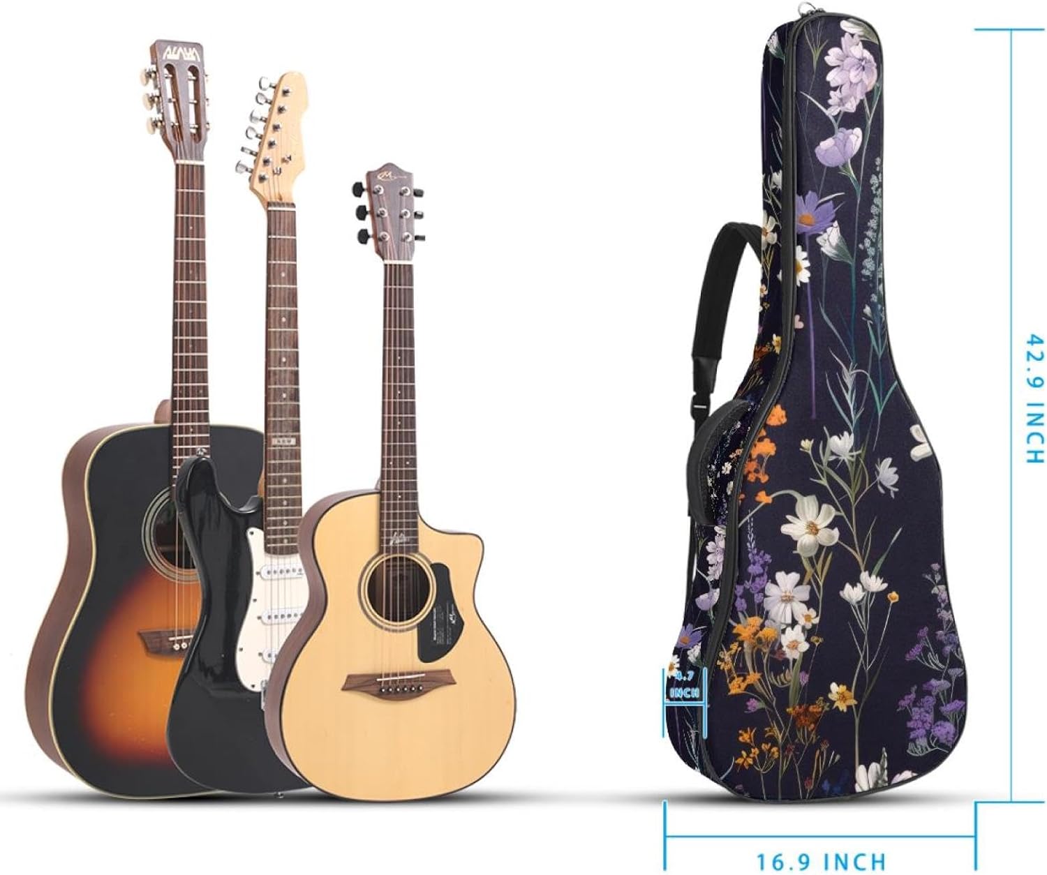 40 41 42 Inch Guitar Bags, Waterproof Padded Acoustic Guitar Case Backpack with Adjustable Shoulder Strap & Pockets, Colorful Wildflorals Flower Bouquet