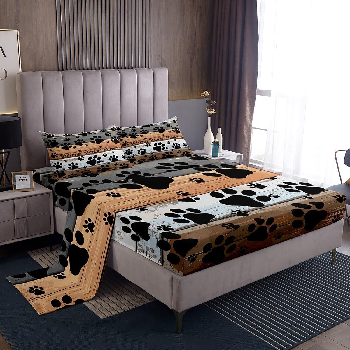 Castle Fairy Cat Dog Paws Bed Sheet Queen Set Gray Brown Vintage Wood Sheets Sets Adults Bedroom Decor Animals Footprint Microfiber Bedding Set with Flat,Fitted Sheet,2 Pillow Cases