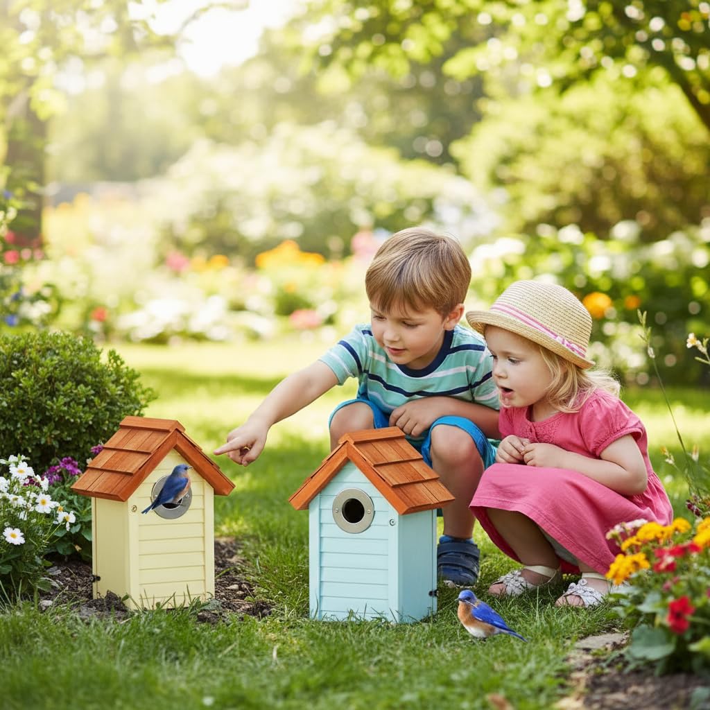 Paquete de 3 casas para pájaros Bluebird para espacio exterior, casa de pájaros para montaje en pared, caja nido de golondrina de árbol con protector de depredador de acero inoxidable, pintura UV de
