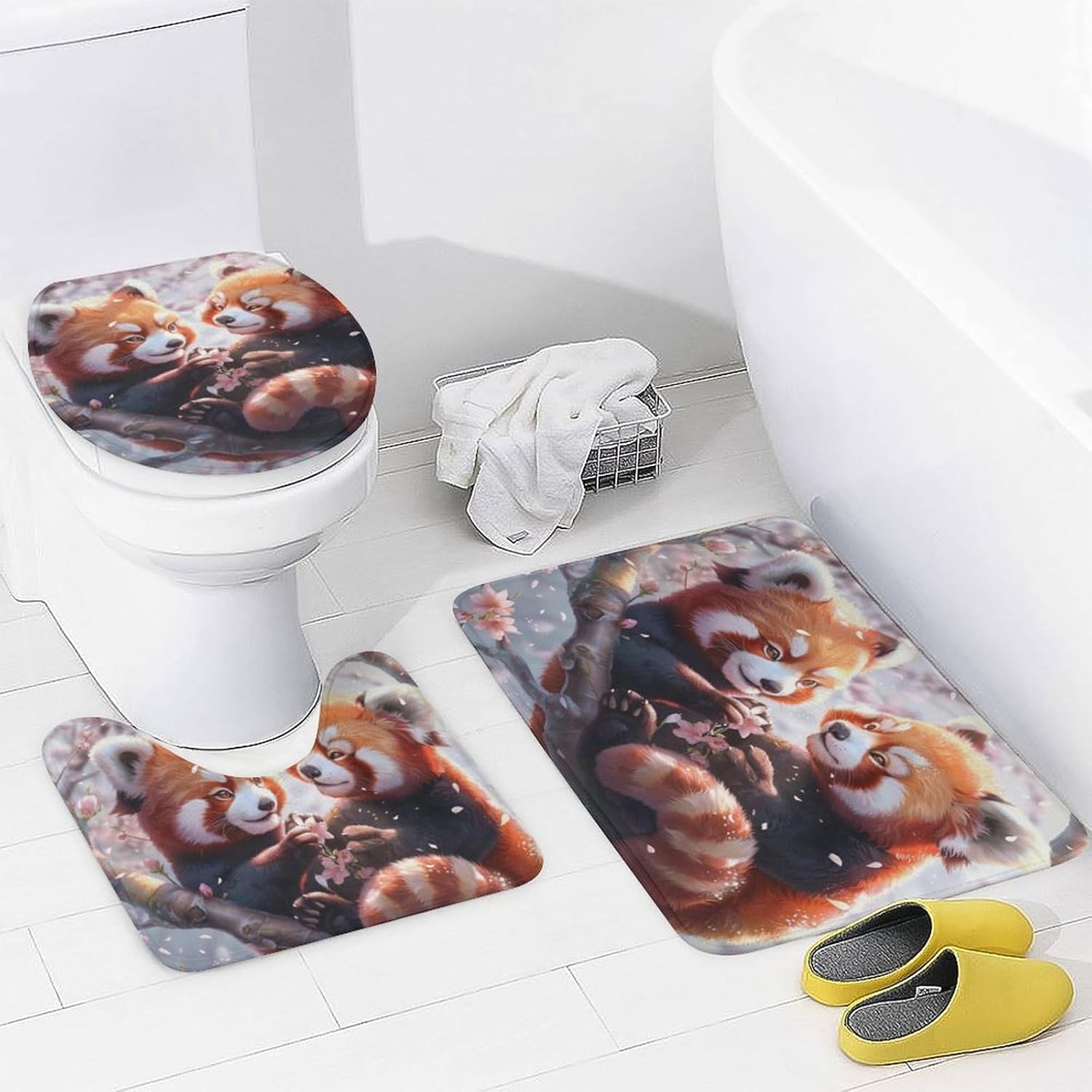 4Pcs Cute Red Panda Blossom Shower Curtain Sets, Bathroom Decor Set with Rugs, Bath Mat Floral Nature Animal Shower Curtain, 72 X 72 Inch