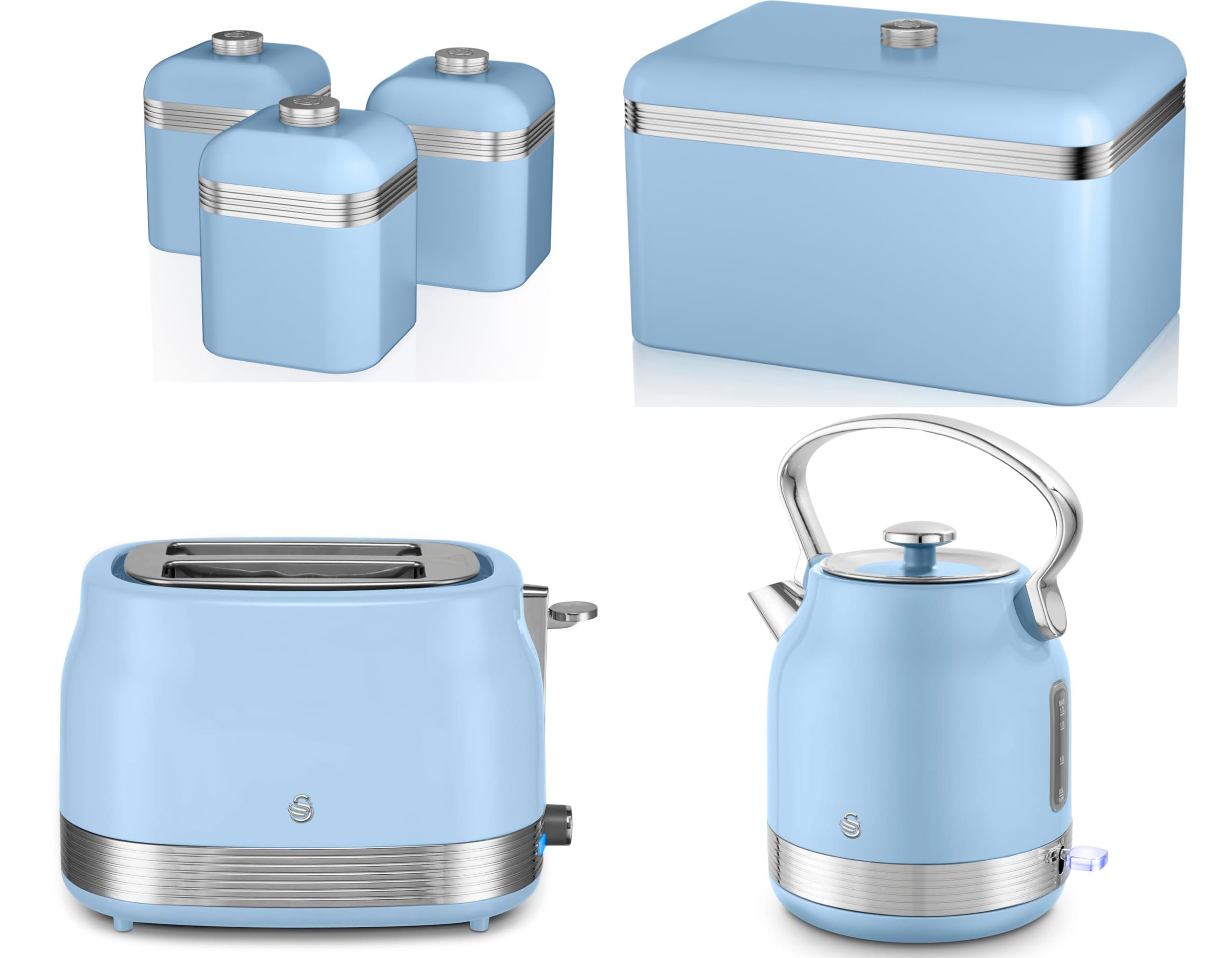 Swan Blue Retro 6 Piece Kitchen Set – Stovetop Inspired Traditional Design Revive Kettle & 2 Slice Toaster With Retro Breadbin And Tea, Coffee, Sugar Canisters Storage Set