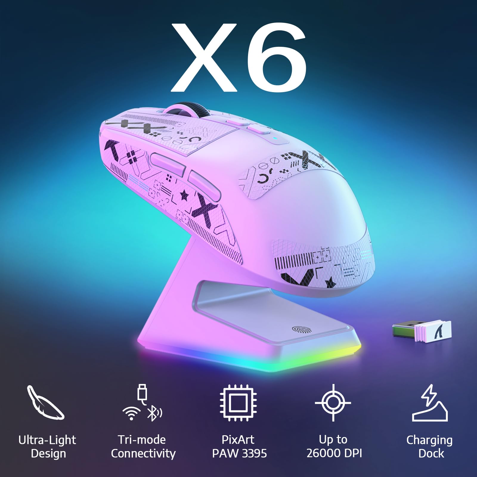 VGN GAMEPOWER ATTACK SHARK X6 SUPERLIGHT Mouse Gaming Wireless con Station di Carica, 49g Ultraleggero Mouse da Gioco G502, 26000DPI, PixArt PAW3395, 2.4G/Bluetooth/Cablato, Mouse Grip Tape, Bianco