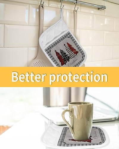 Miniatura 7 de Juego de 2 soportes para ollas para árbol de Navidad a cuadros, antideslizantes y aislantes de calor, juego de agarraderas de tela de toalla con