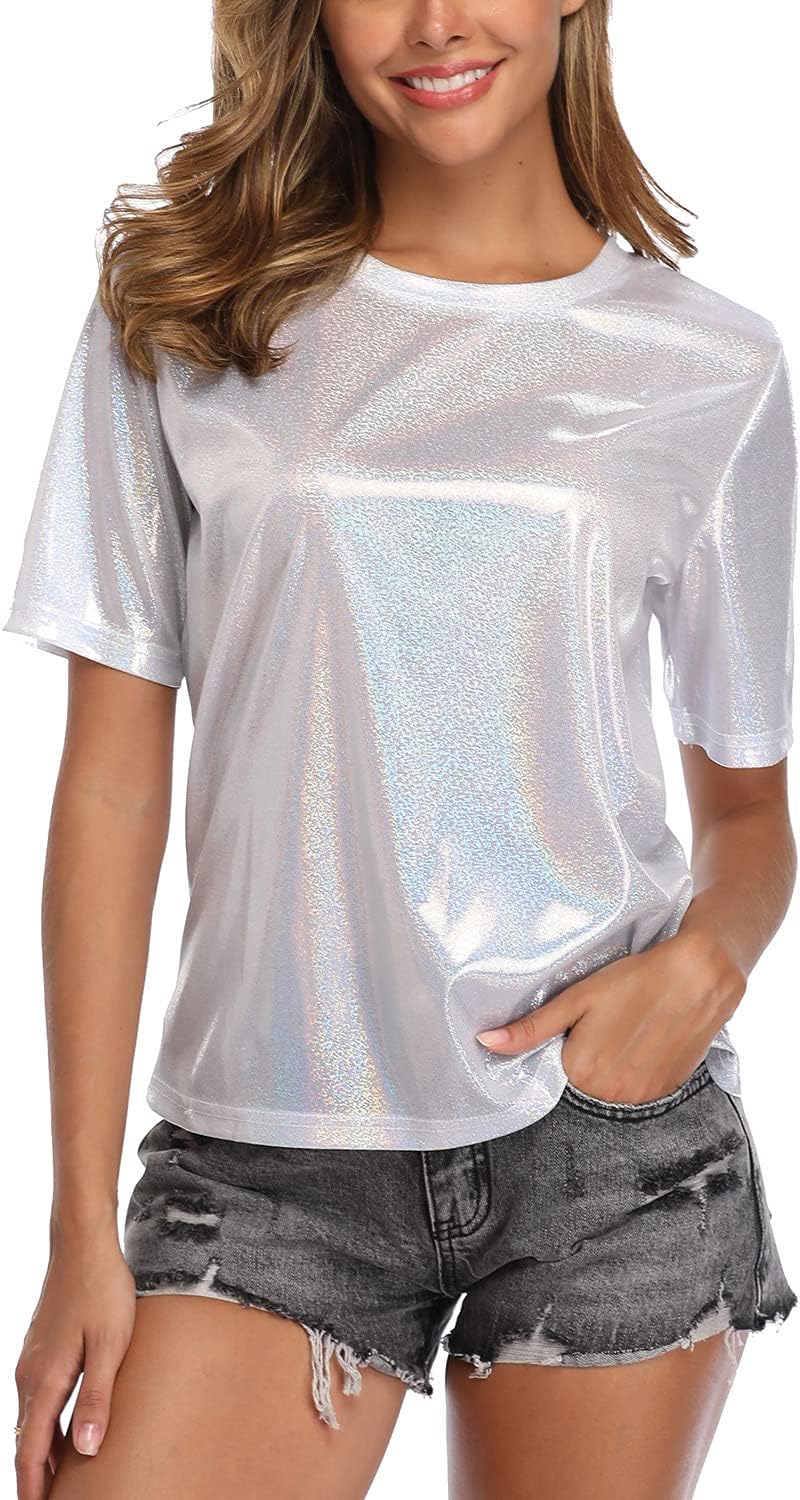 andy & natalie Women's Shiny Tops Holographic Metallic Shirt Shimmer Glitter Sparkle Party Disco Tee Shirt Blouse