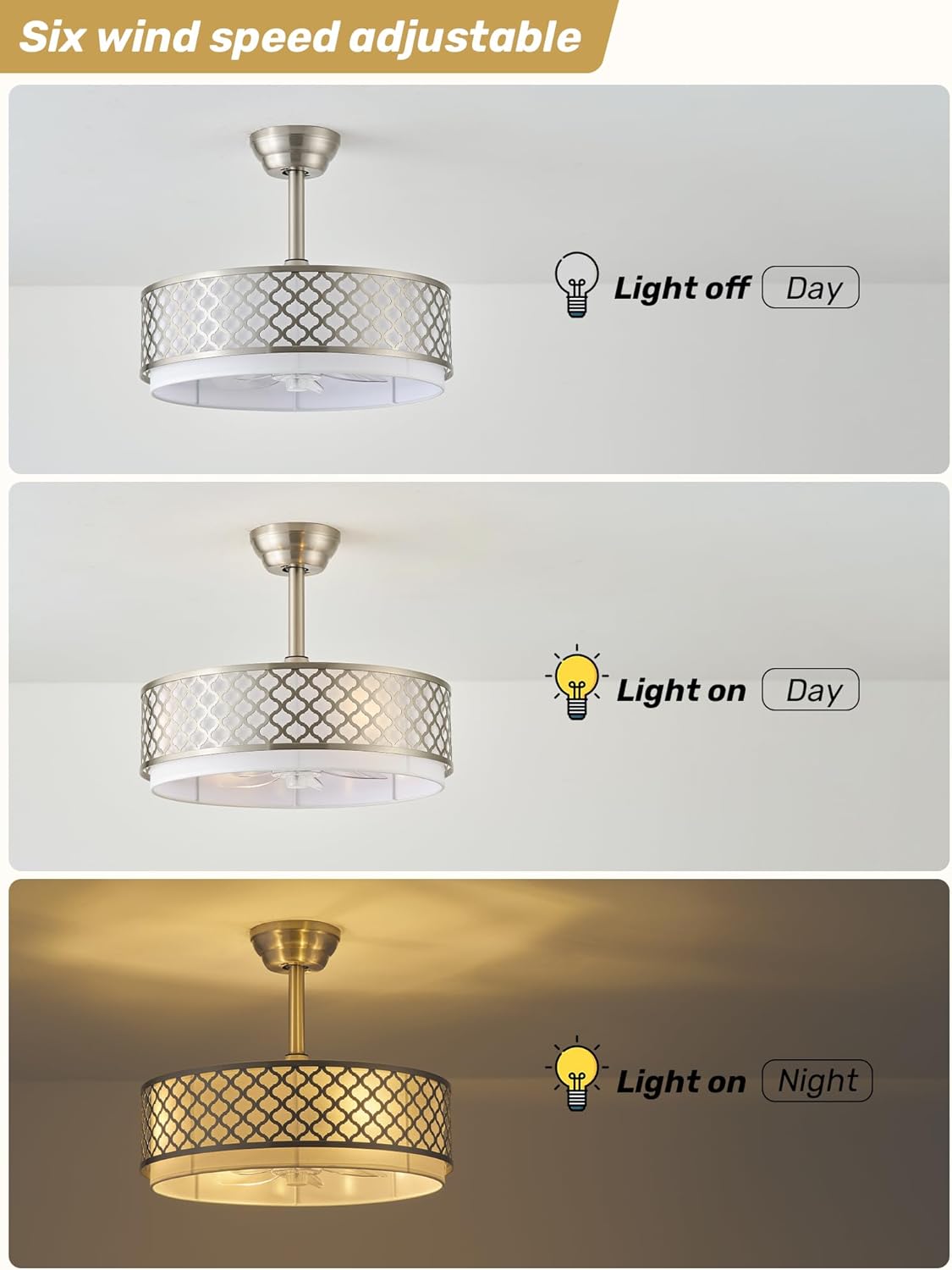 20" Silver Fandelier Ceiling Fan with Lights, Caged Boho Ceiling Fan with Light Remote Control, Rattan with 6 Speeds for Bedroom, Nursery, Living Room