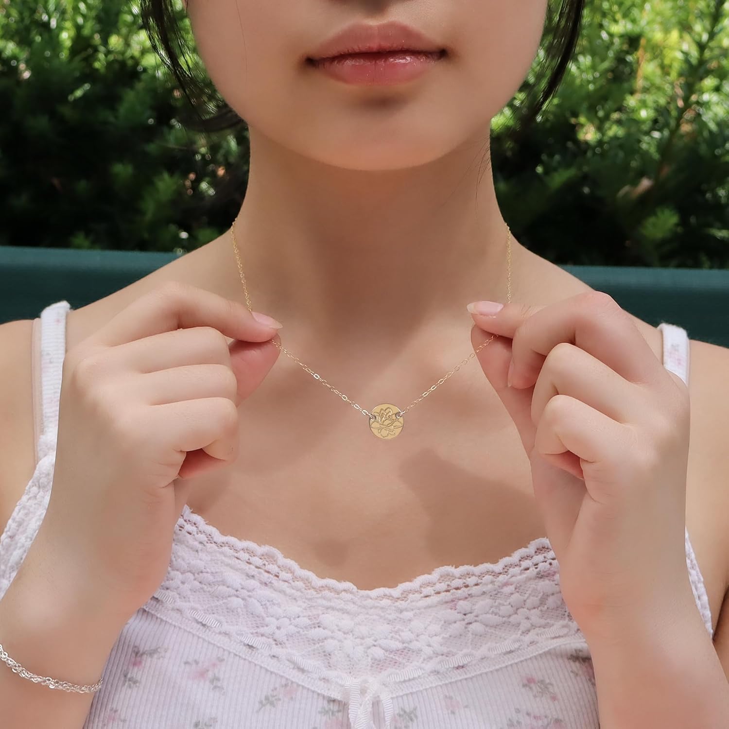 Birth Flower Necklace for Women, 14k Gold Filled Hand Stamped Birth Month Floral Pendant, Personalized Dainty Engraved Coin Disc Necklace, Custom Jewelry Birthday Gift for Mom, Daughter, Wife, or Friend
