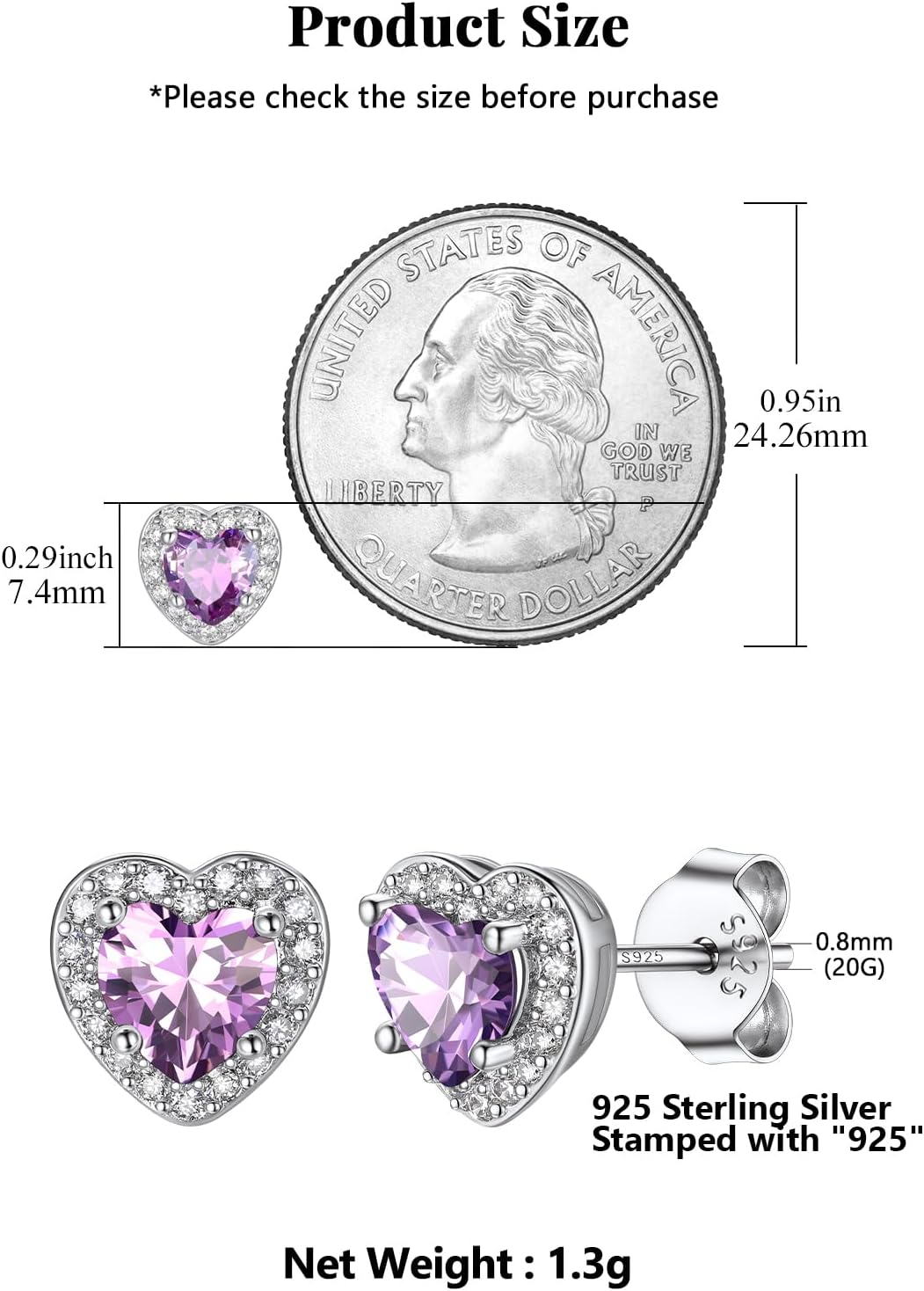 Silvora Birthstone Earrings for Women, 925 Sterling Silver Heart Stud, Small Heart Earrings Birthstone Jewelry