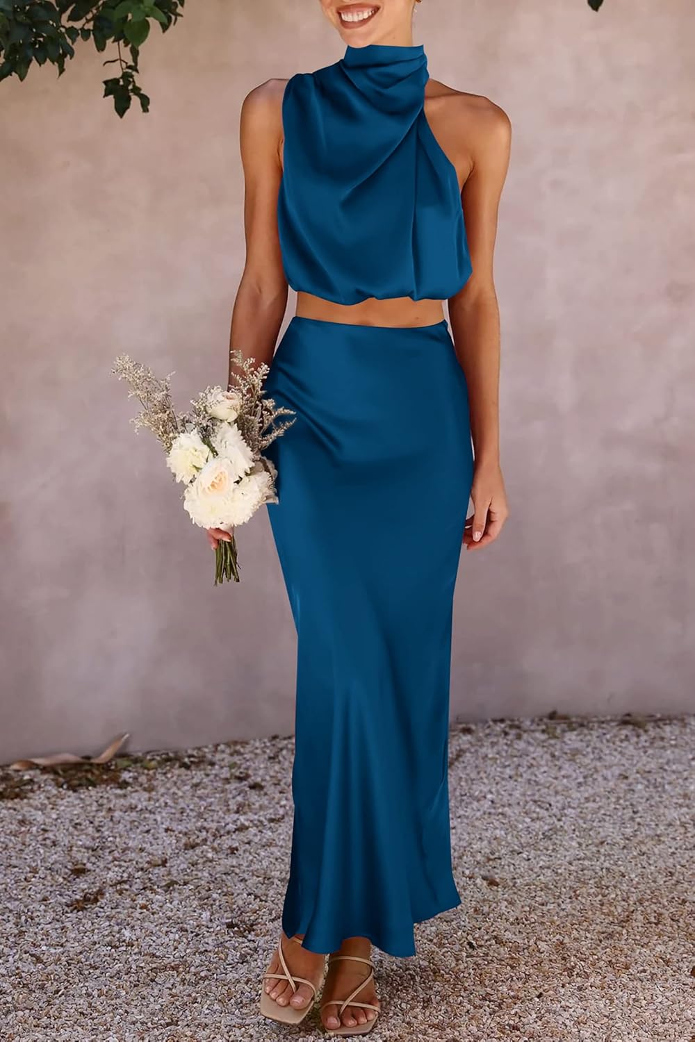 PRETTYGARDEN Women's 2 Piece Satin Outfits Summer Sleeveless Mock Neck Crop Tops and Long Skirt Dress Sets - Image 7