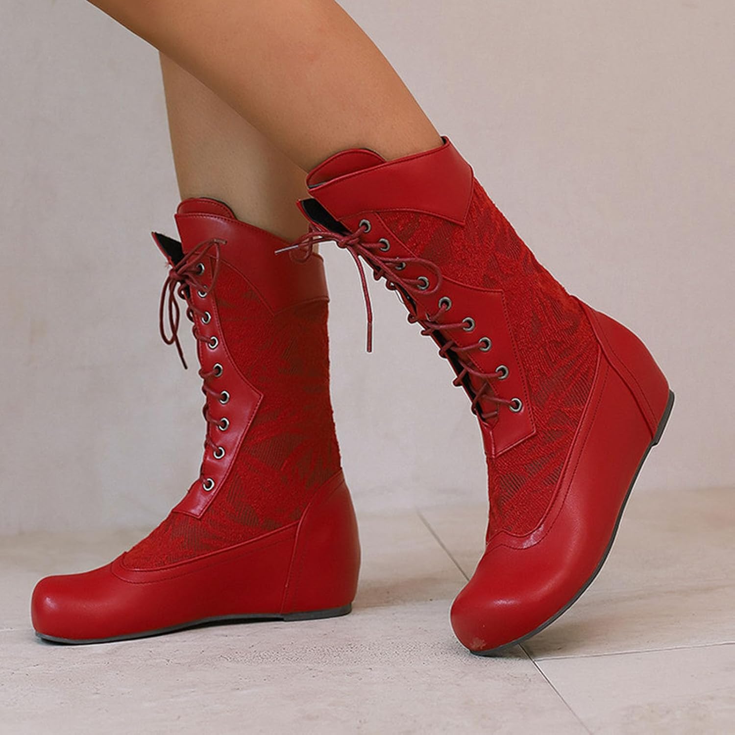 Women's Lace Up Cowboy Boots Mid Calf Riding Combat Boots PU Leather Flat Heel Cowgirl Boot for Ladies