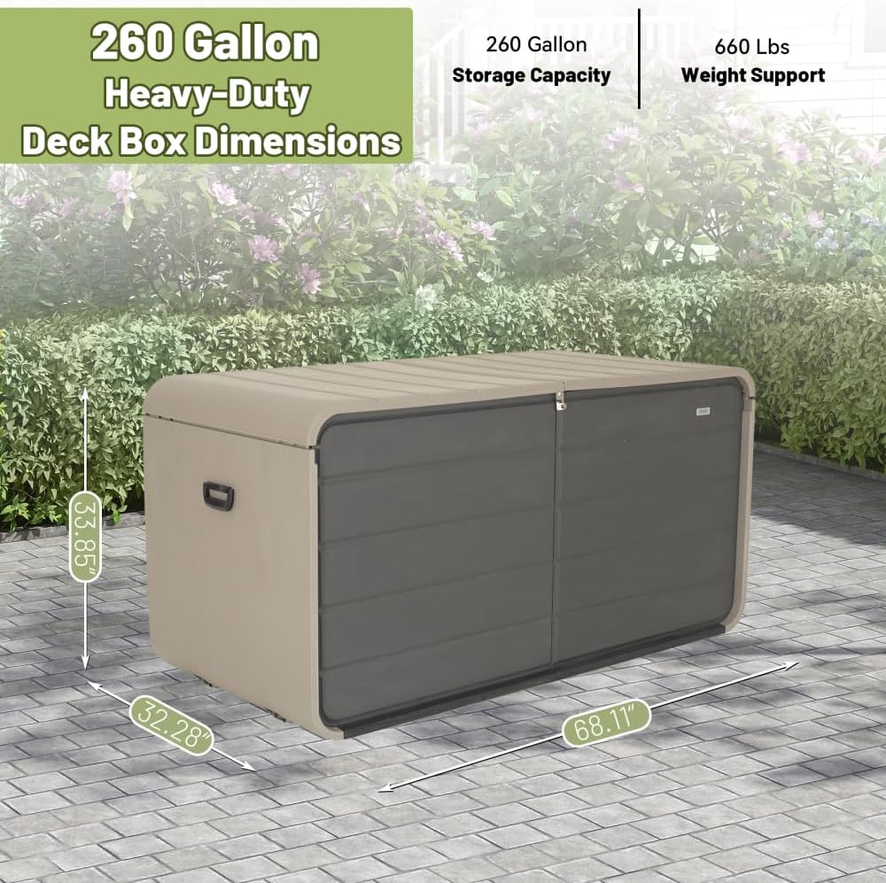 Large 120-Gallon Waterproof Outdoor Storage Box for Patio, Deck, or Poolside – Durable Weather-Resistant Design with Lockable Lid (260 Gallon (Gray) - Plastic)