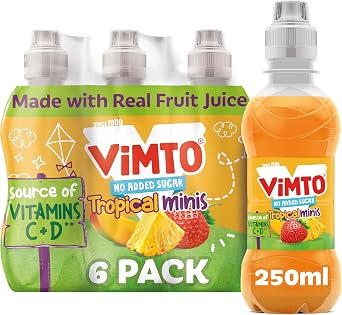 Vimto No Added Sugar Tropical Minis Mixed Fruit Juice Drink 6 x 250ml   Tropical Flavoured Low Calorie Juice Drink Multipack, Ready-to-Drink Cans