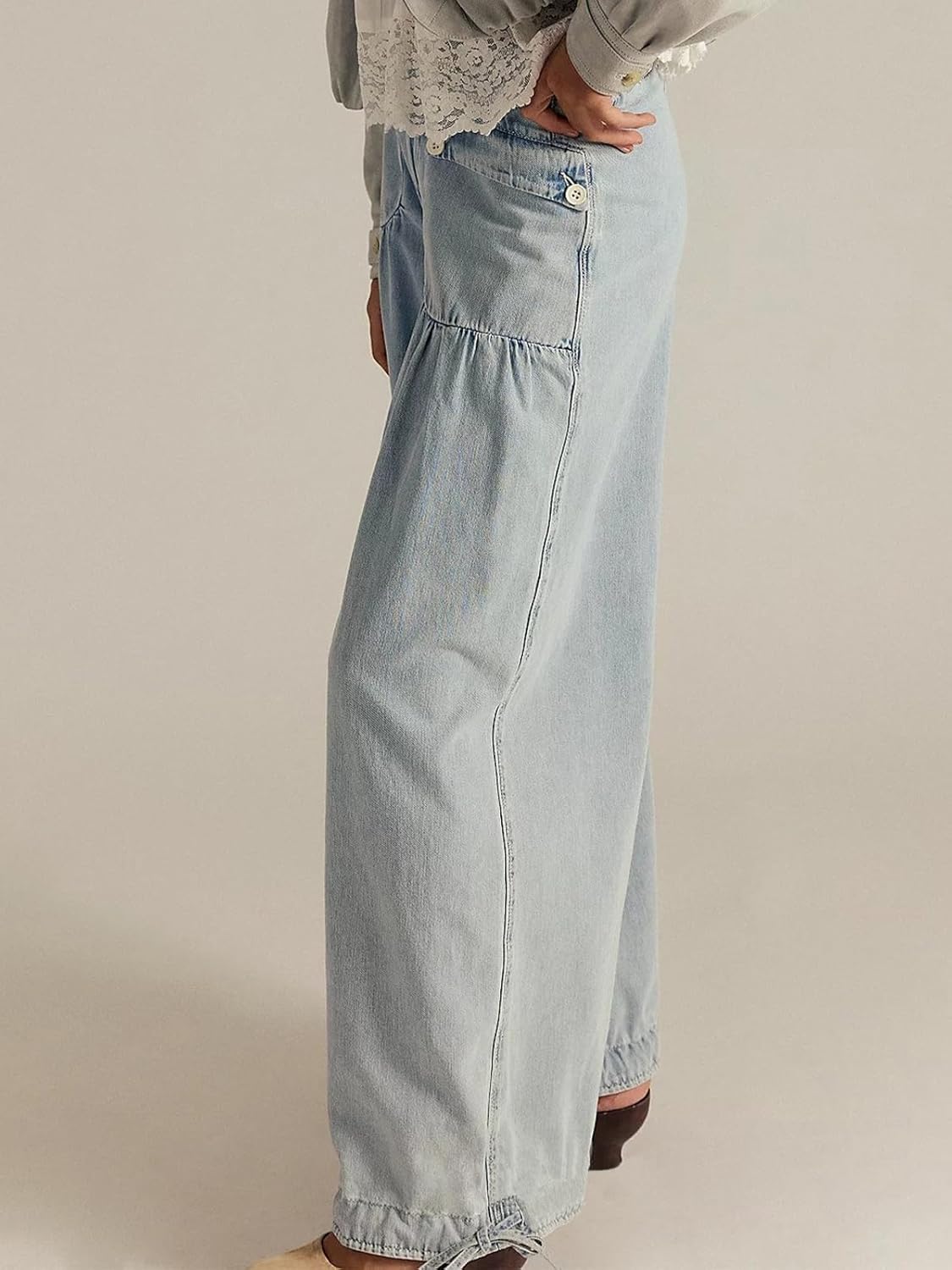 Women's Baggy Wide Leg Jeans Mid Rise Drawstring Ruffle Pleated Barrel Denim Pants