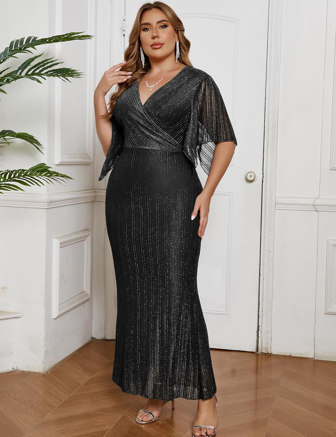 ZOMVA Plus Size Maxi Formal Dress Sparkly V-Neck Mermaid Wrap Evening Gown Cocktail Prom Glitter Handkerchief Sleeves - Image 6
