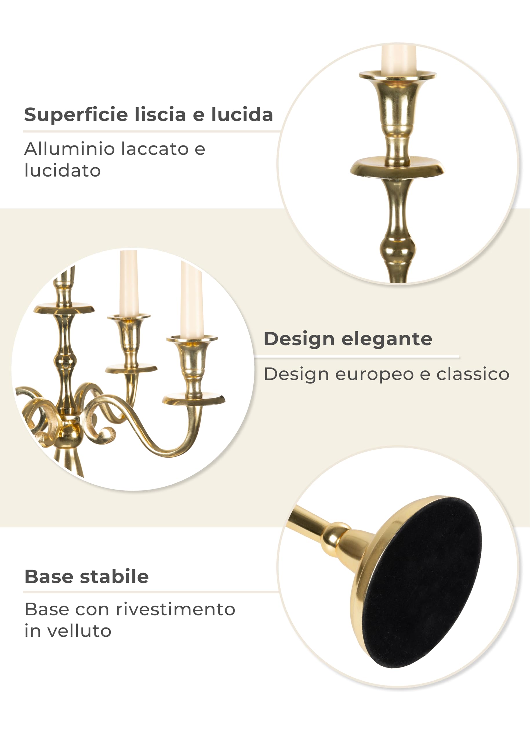 Gräfenstayn Candelabro portacandele 1, 3 o 5 Bracci - Varie Misure - candelabro Color Argento, Nero, Bianco od Oro (XL, Oro)