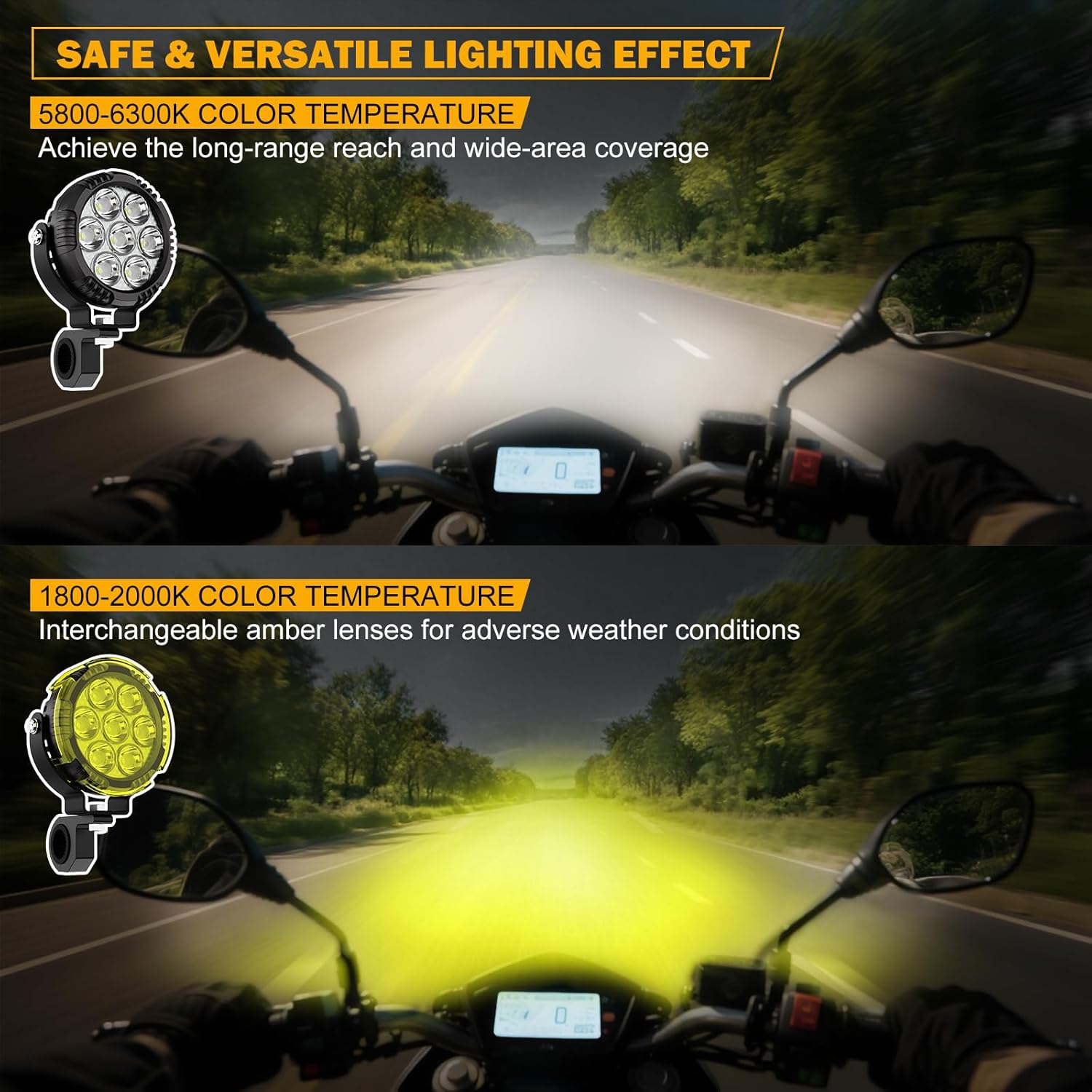 4.5 Inch Round Motorcycle LED Fog Light, 100W Amber White LED Driving Spotlight Auxiliary Light Kit Offroad Lights with Mount Brackets Wire Harness for Motorcycle Wrangler Car Truck UTV ATV