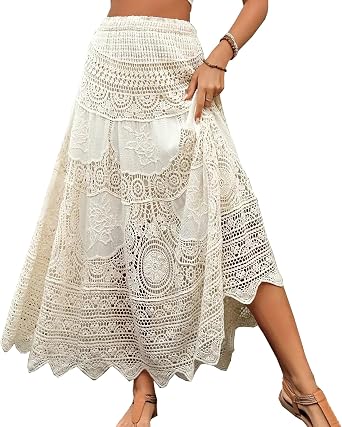 Womens Lace Floral Knit Maxi Skirts Elastic High Waist Embroidered Boho Hollow Out Long Crochet Skirt