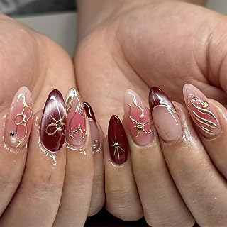 LunarCharm 24 Stück French Tip Acrylnägel in Mandelform - Edles Design mit Goldfarbenen Schleifen, Rotem Blush & Funkelndem Farbverlauf, Selbstklebende Press-on-Nägel