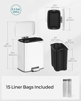 SONGMICS Trash Can, Garbage Can with Lid, 5.2-Gallon (20L) Step Trash Bin for Kitchen, Stainless Steel, Soft Close and Stays Open, Inner Bucket, Includes 15 Trash Bags, White ULTB543W01