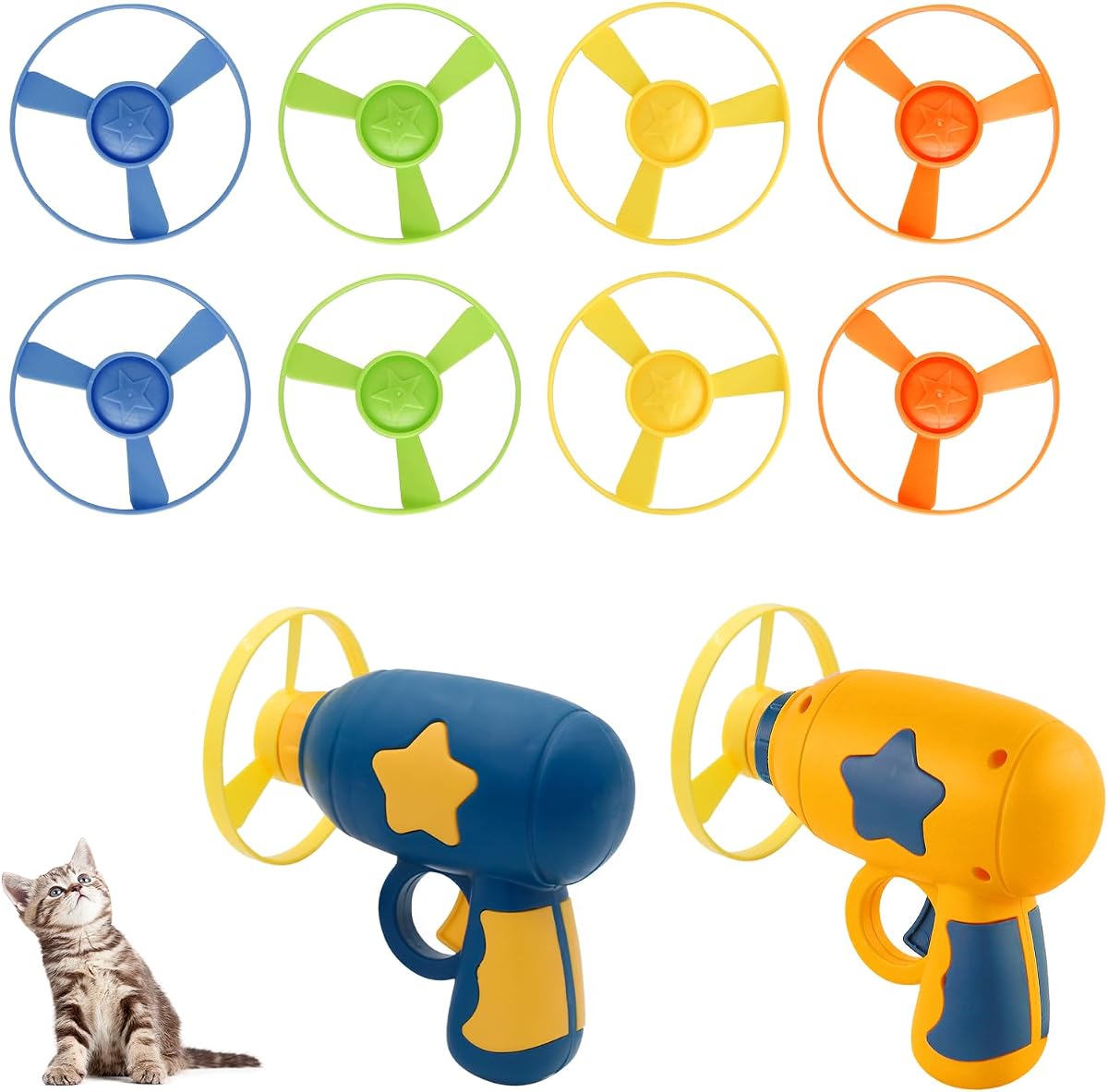 Andiker 2 PCS Cat Fetch Toys, Colorful Flying Disc Launcher Toy with 8 PCS Plastic Propellers, Interactive Cat Toy for Cats for Hunting, Chasing and Playing (10, Dark Blue+Yellow)