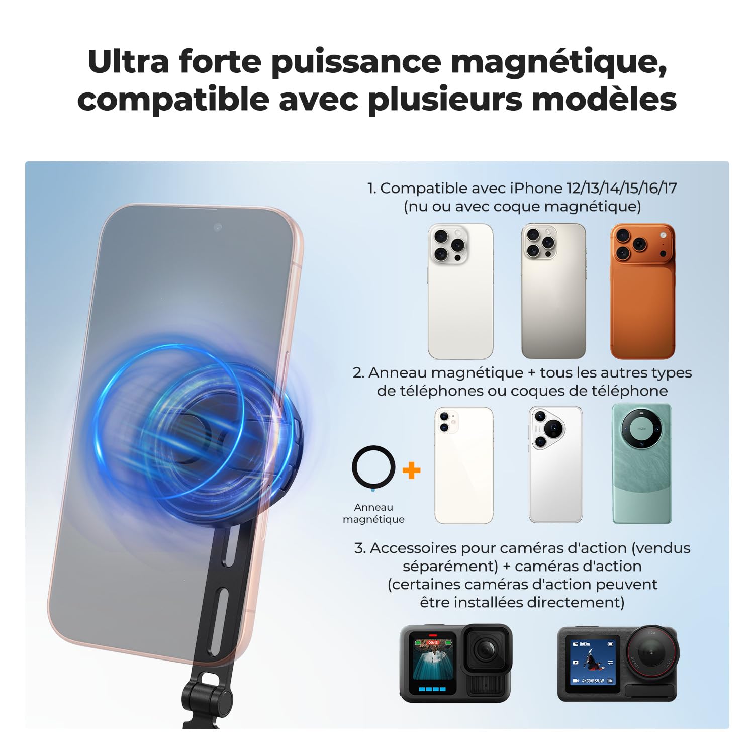 K&F CONCEPT 2 en 1 Support pour Cou Téléphone Portable Magnétique+Clip, POV/Vlog Porte Telephone Cou Compatible avec Les Téléphones Portables Magnétique iPhone 17 16 15 14 13 12 Series Android