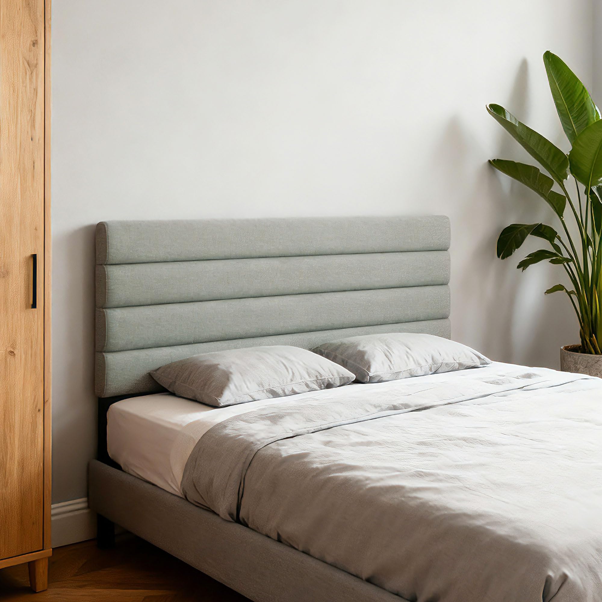 HOMCOM Cabecero de Cama 140 cm Altura Ajustable 3 Niveles Tapizado Gris | 106/116/126 cm, Cabezal de Cama en Lino, Acolchado Linea, Patas de Acero, Montaje Pared, Cabecero para Dormitorio