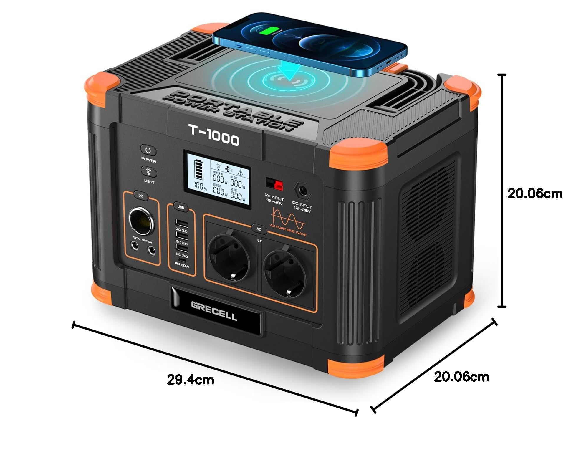 GRECELL T-1000 Powerstation mit AC/DC/USB Anschluss | 999Wh Kapazität,Versorgt mehrere Geräte gleichzeitig, Solargenerator für Camping, Outdoor Einsätze und Notfälle