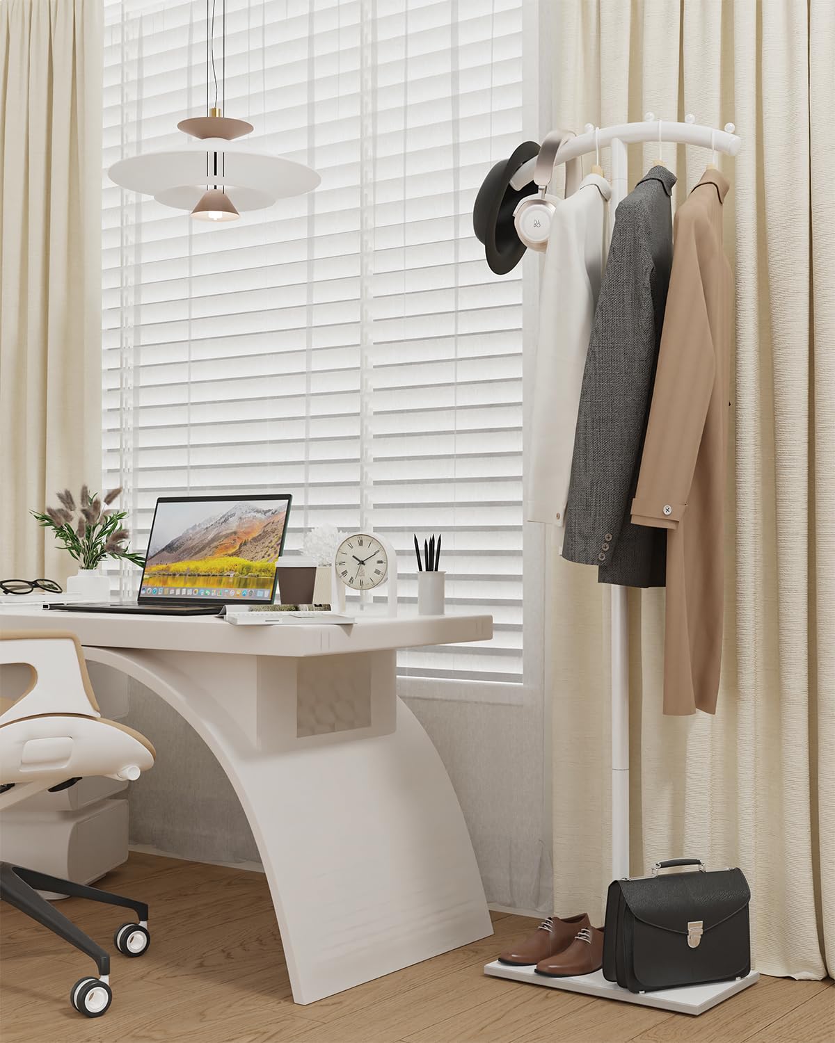T-förmige Metall Kleiderbügel, Garderobenständer mit Rock Slab Base, Modern Gekrümmte Freistehend Kleiderständer, für Kleidung, Taschen and Schuh, 175 cm, Weiß