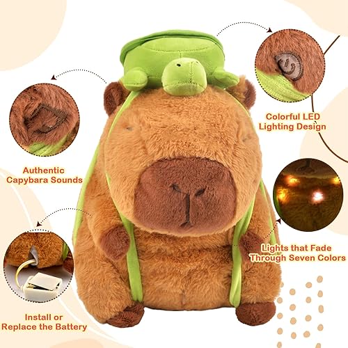 Miniatura 2 de Capybara - Juguete de peluche de 9 pulgadas, iluminado y reproduce sonidos reales de Capybara con mochila de tortuga, bonitos regalos de cumpleaños,