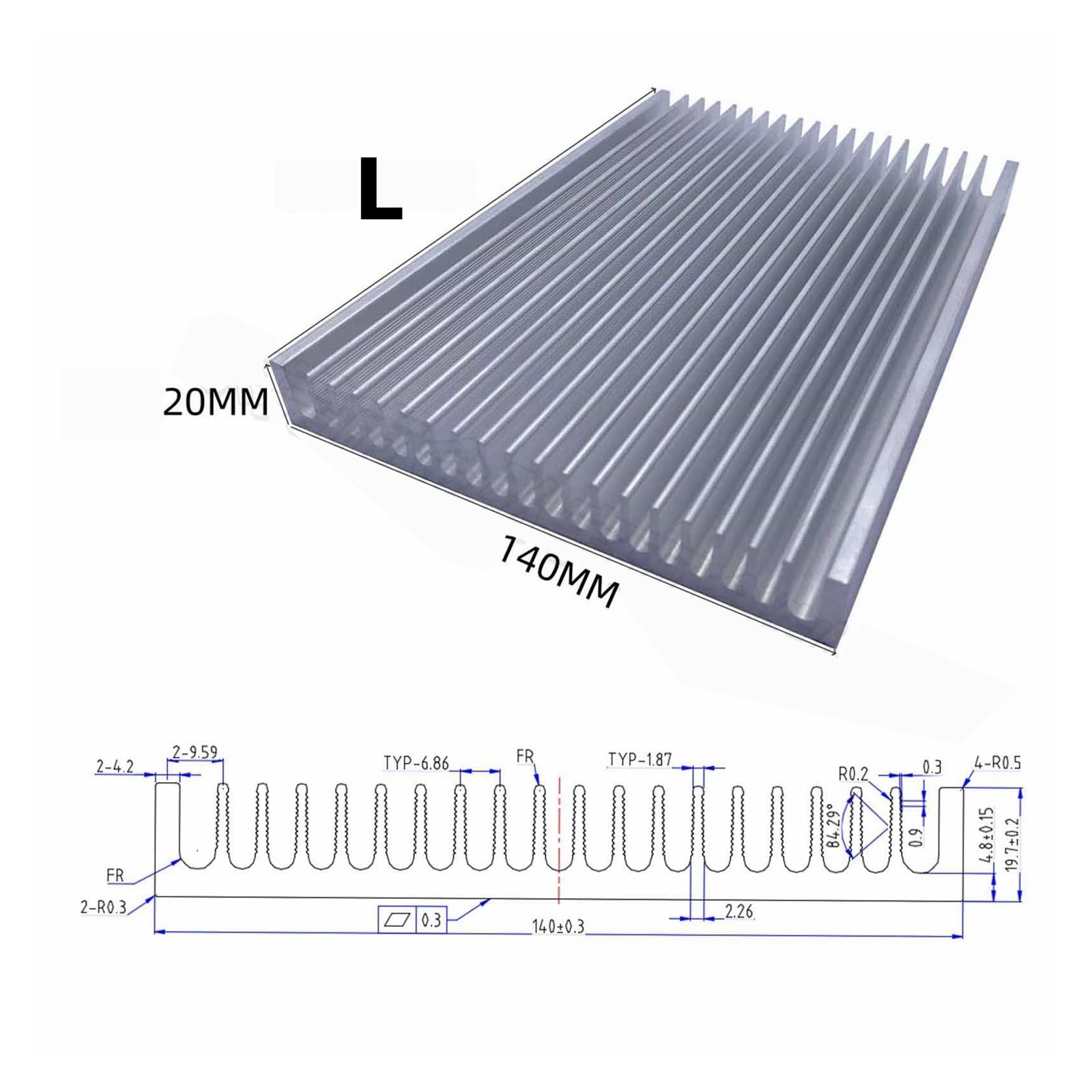 Dissipatore di calore in alluminio estruso, 115 x 50, 120 x 36, 125 x 15, 125 x 20,5, 140 x 20 mm, dissipazione del calore (SK06, L 200 mm)