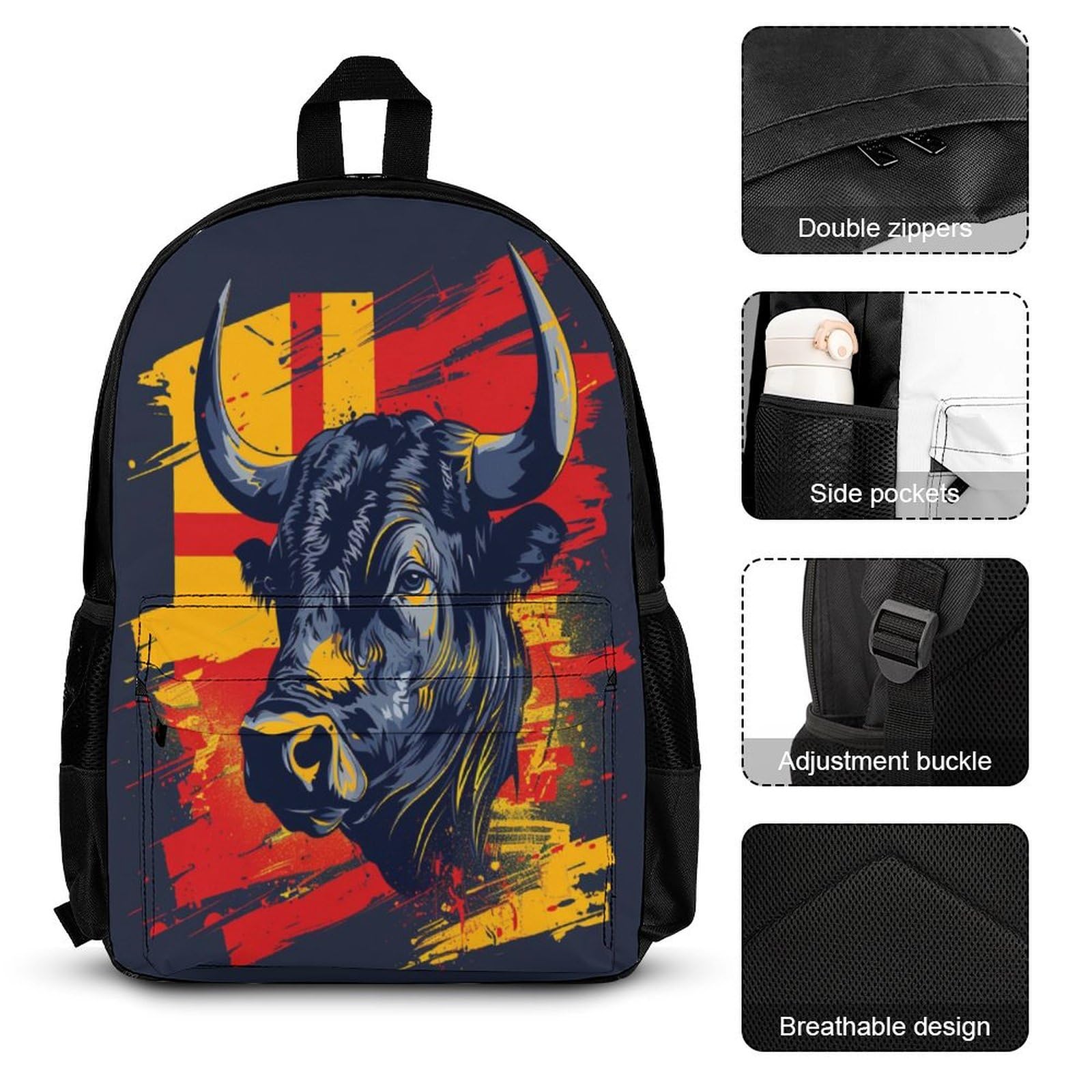 Sac à dos Taureau Personnalisé avec Boîte Déjeuner et Trousse Crayons, Lot de 3 Sacs d'école Imprimé Vache, Sac avec Boîte à Déjeuner