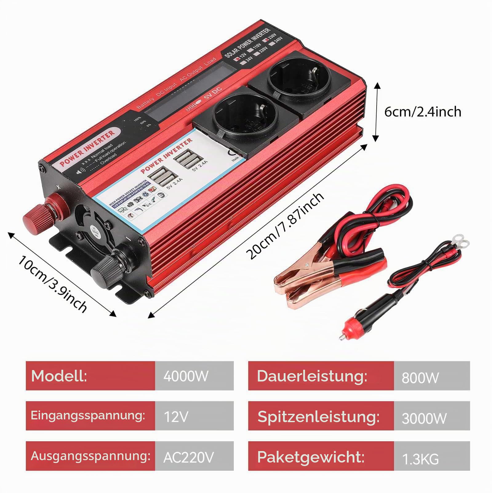 Konverter 12 V 220 V 4000 W reiner Sinus Wechselrichter mit LCD-Display Fernbedienung & 2 EU-Stecker und 4 USB-Ports, Stromwandler für Auto, Wohnwagen, Boot, Camping (12 V, 4000 W)