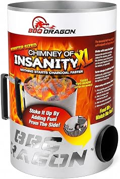 BBQ Dragon Chimney of Insanity XL Charcoal Starter Field & Stream Best Overall Charcoal Chimney Largest Charcoal Chimney Available Ready-to-Cook Coals in About 3 Minutes with BBQ Dragon Fan